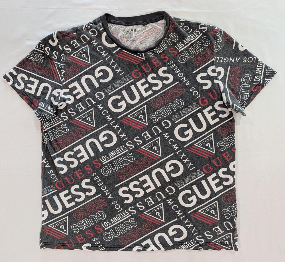 Guess Shirt Mens L Gray Allover Logo Los Angeles Short Sleeve Graphic Tee